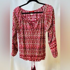 Panhandle Maroon & Cream Bohemian Hippie Peasant‎ Blouse 3/4 Sleeves size s